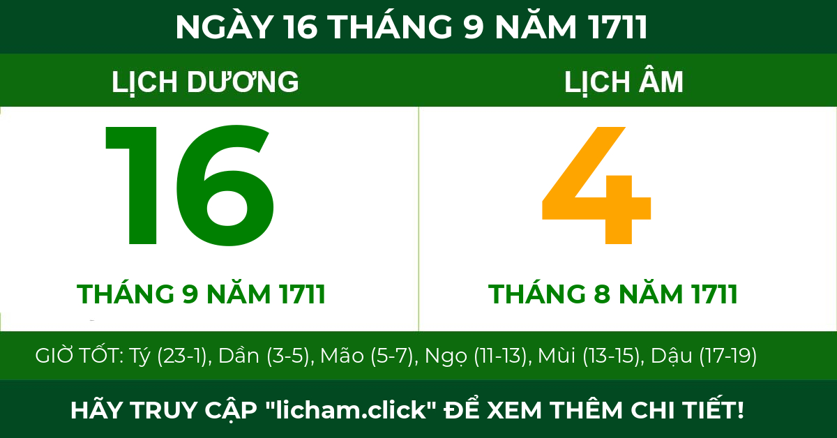 lịch âm ngày 16 tháng 9 năm 1711