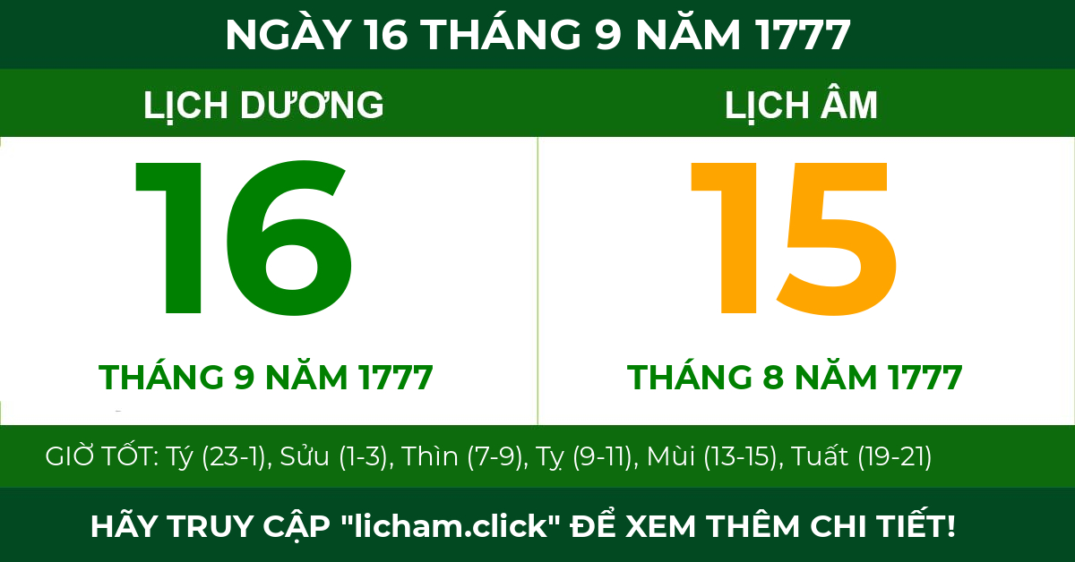 lịch âm ngày 16 tháng 9 năm 1777