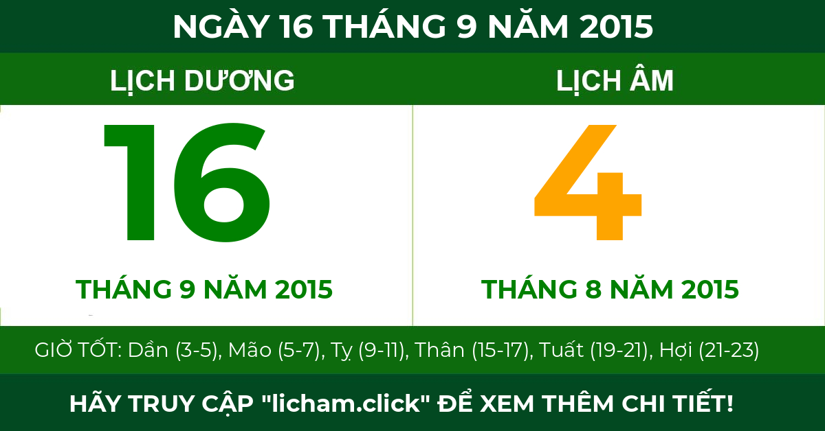 lịch âm ngày 16 tháng 9 năm 2015