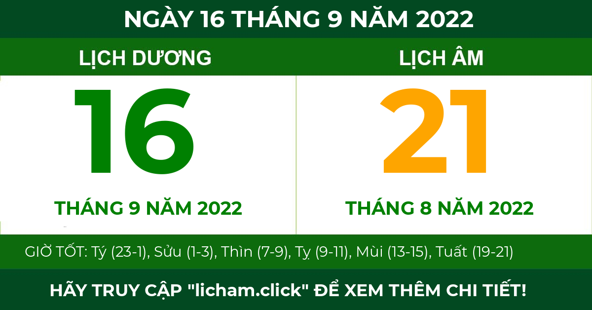 lịch âm ngày 16 tháng 9 năm 2022