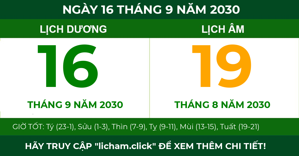 lịch âm ngày 16 tháng 9 năm 2030