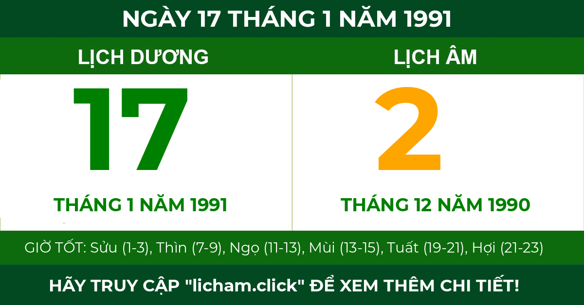 lịch âm ngày 17 tháng 1 năm 1991