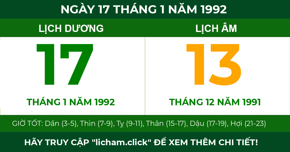 lịch âm ngày 17 tháng 1 năm 1992