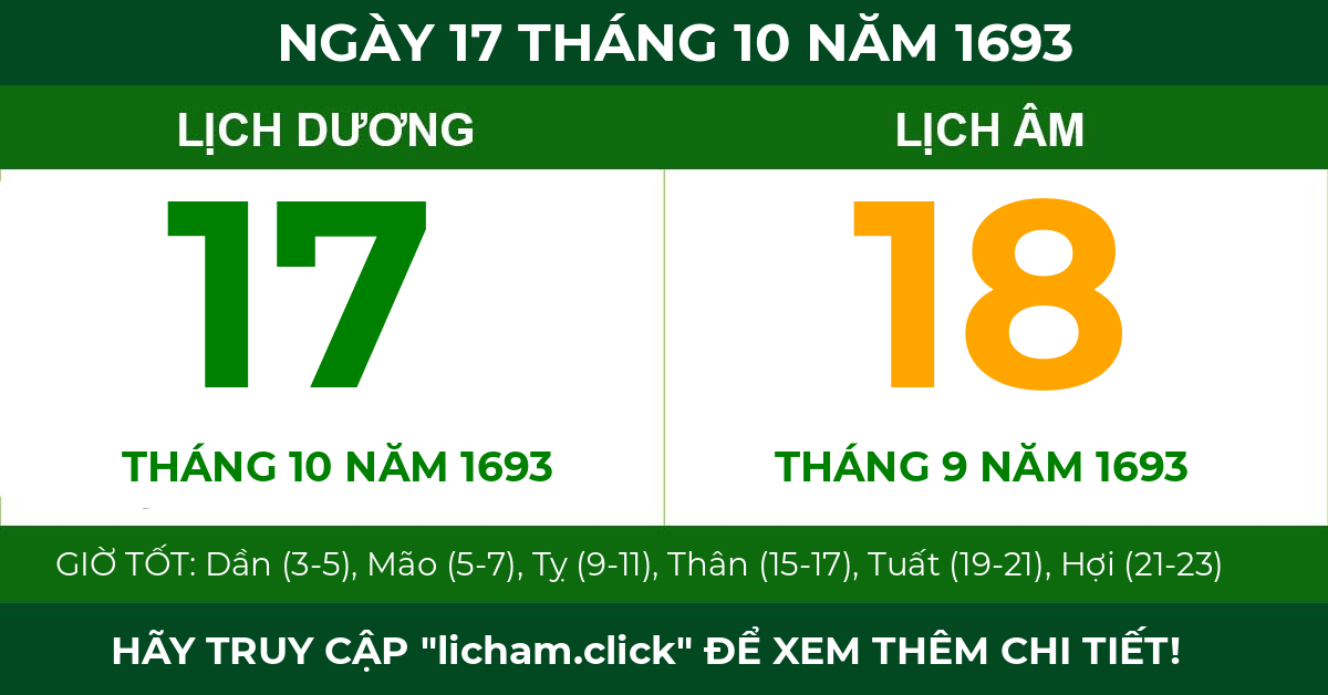 lịch âm ngày 17 tháng 10 năm 1693