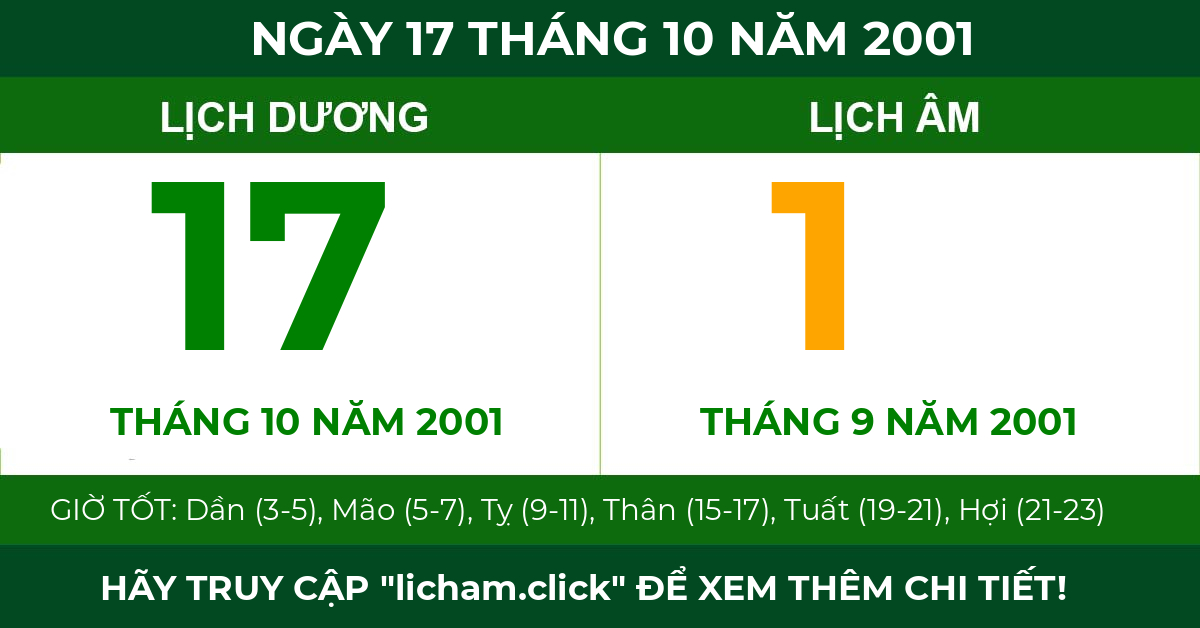 lịch âm ngày 17 tháng 10 năm 2001
