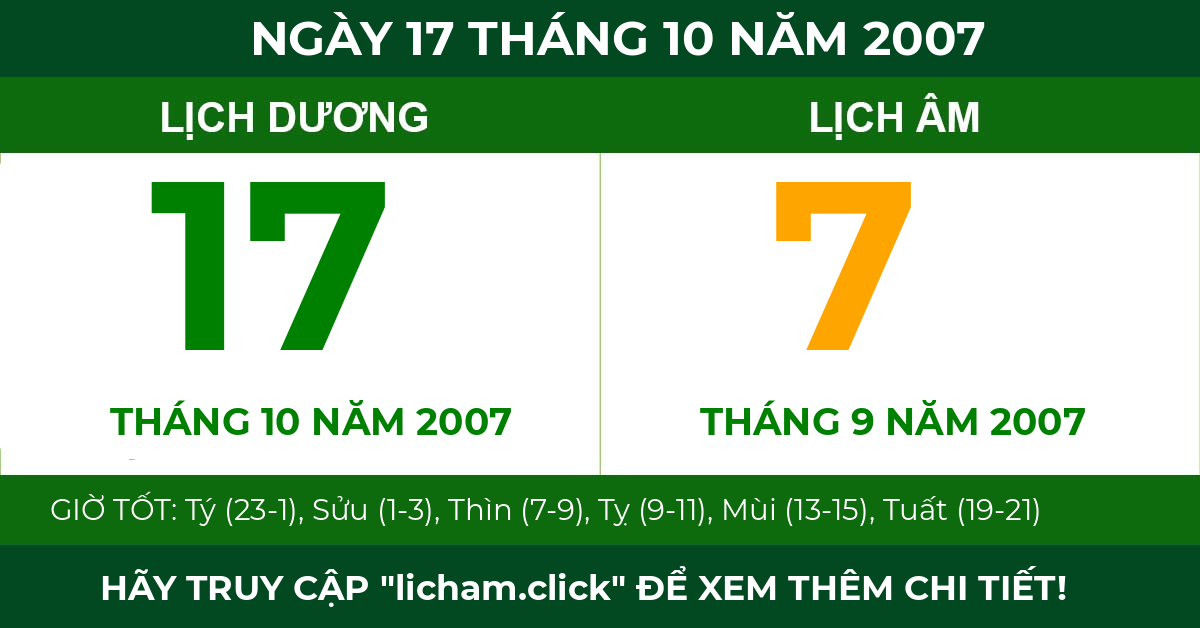 lịch âm ngày 17 tháng 10 năm 2007
