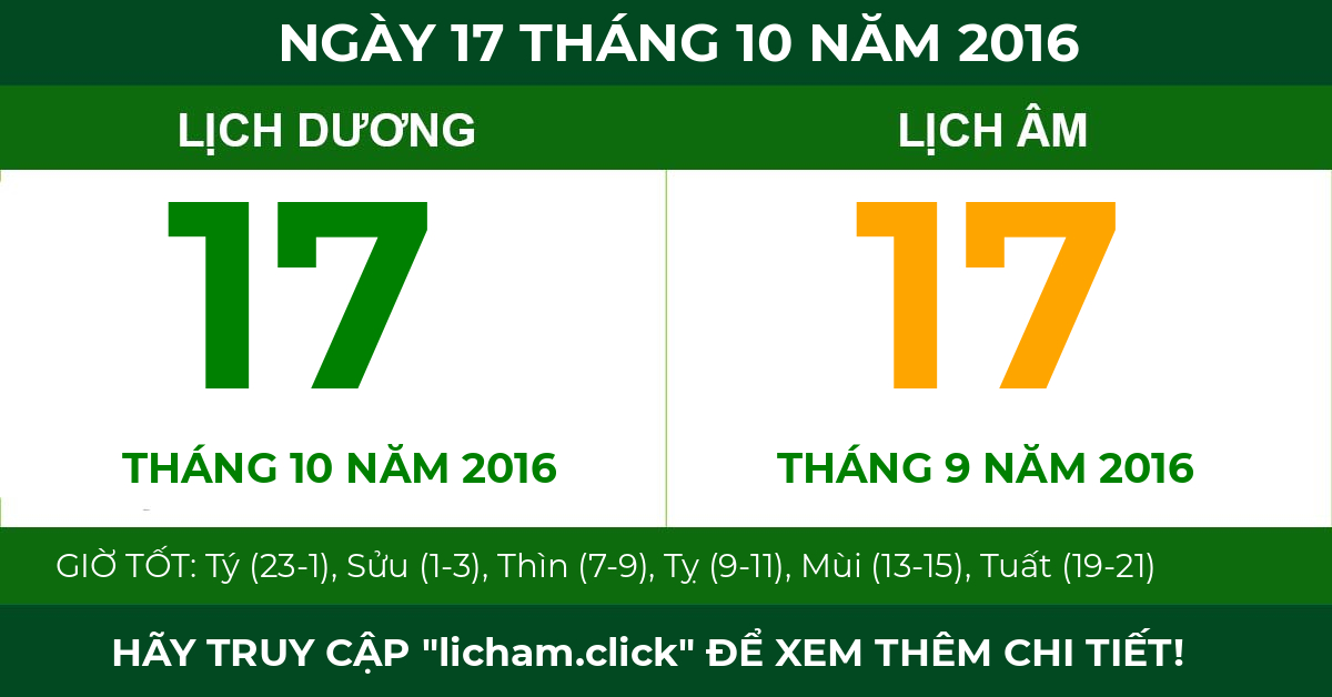 lịch âm ngày 17 tháng 10 năm 2016