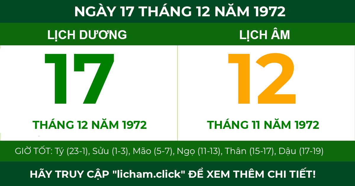 lịch âm ngày 17 tháng 12 năm 1972