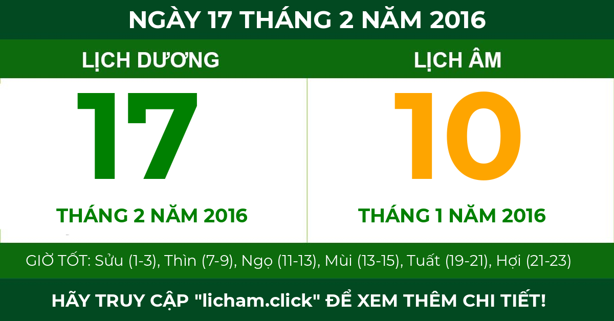 lịch âm ngày 17 tháng 2 năm 2016