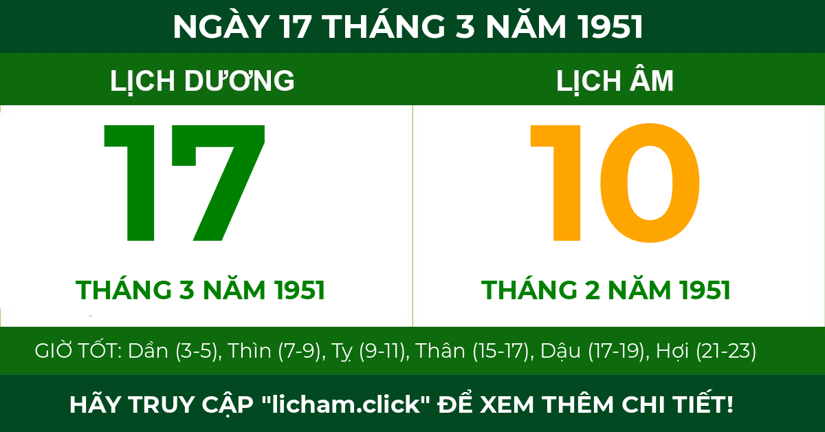lịch âm ngày 17 tháng 3 năm 1951