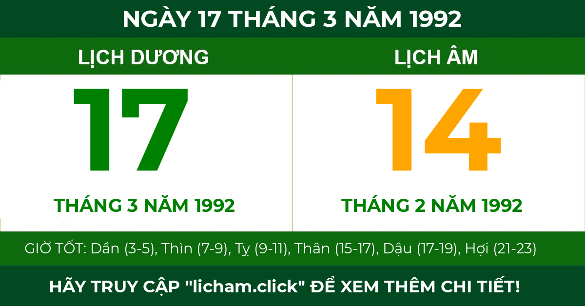 lịch âm ngày 17 tháng 3 năm 1992