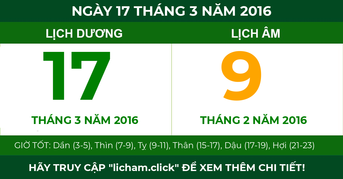 lịch âm ngày 17 tháng 3 năm 2016