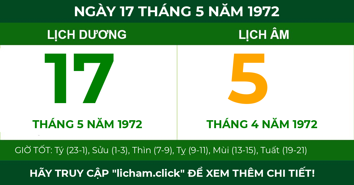 lịch âm ngày 17 tháng 5 năm 1972