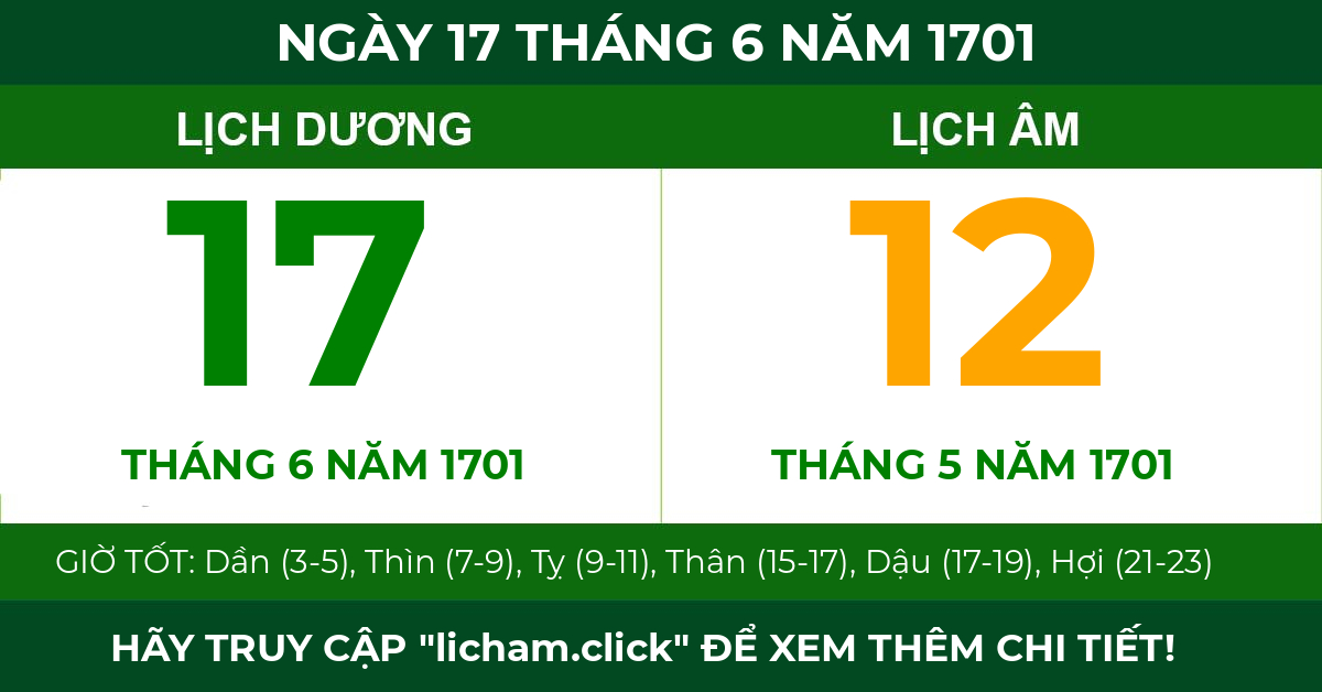 lịch âm ngày 17 tháng 6 năm 1701