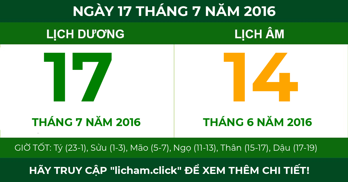 lịch âm ngày 17 tháng 7 năm 2016