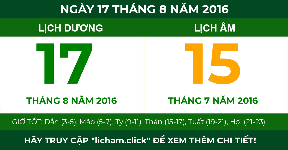 lịch âm ngày 17 tháng 8 năm 2016