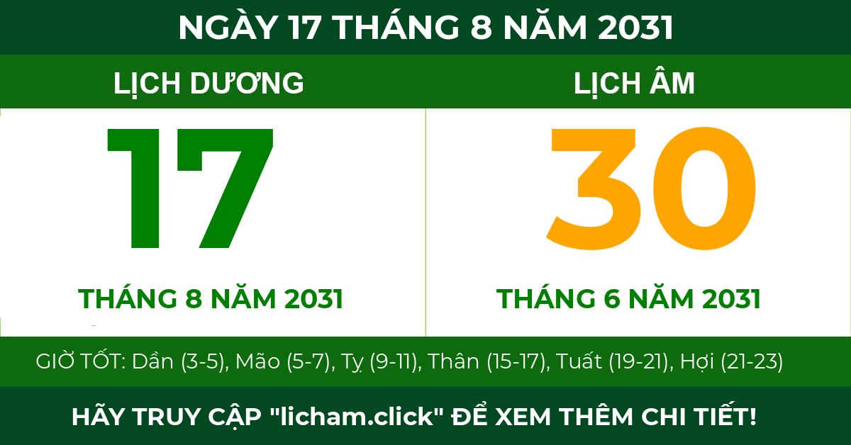 lịch âm ngày 17 tháng 8 năm 2031