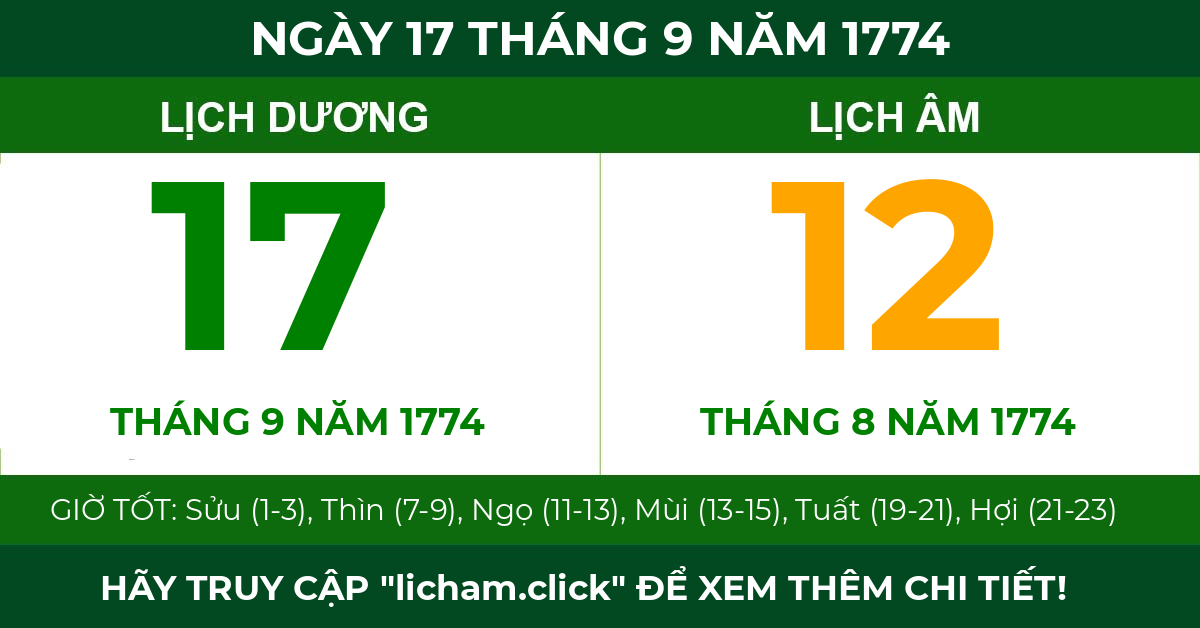 lịch âm ngày 17 tháng 9 năm 1774