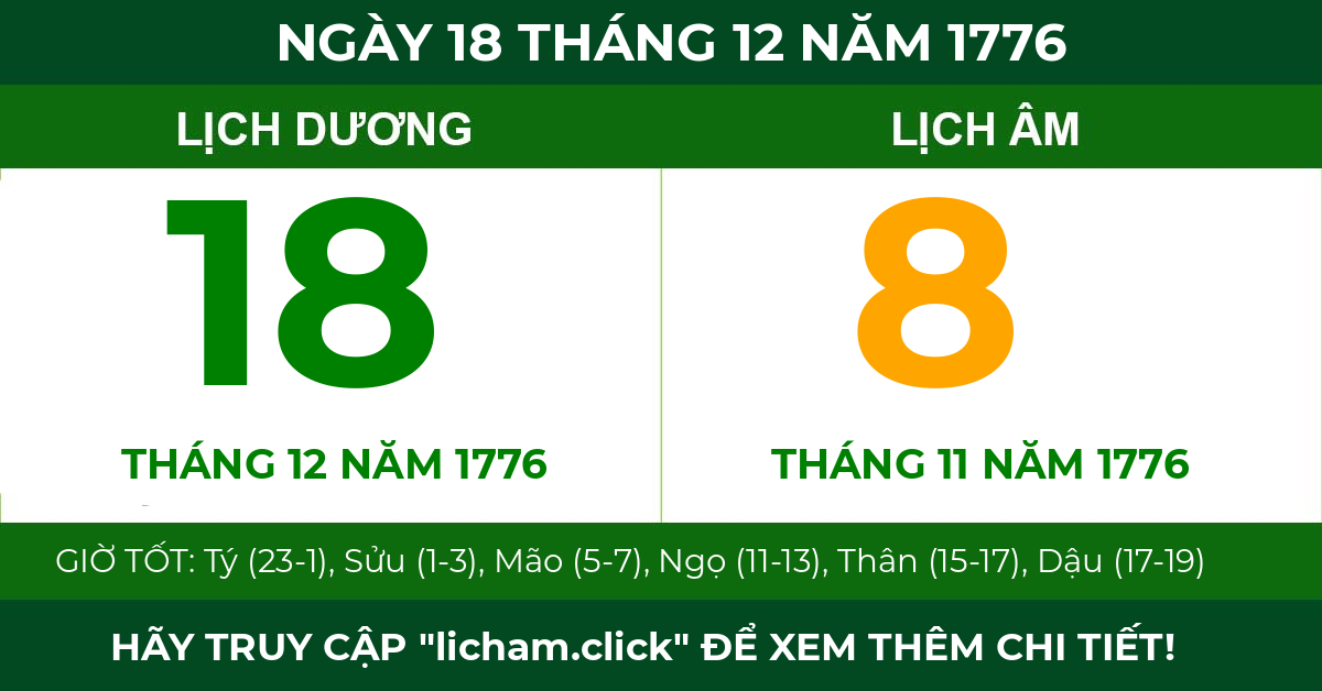 lịch âm ngày 18 tháng 12 năm 1776