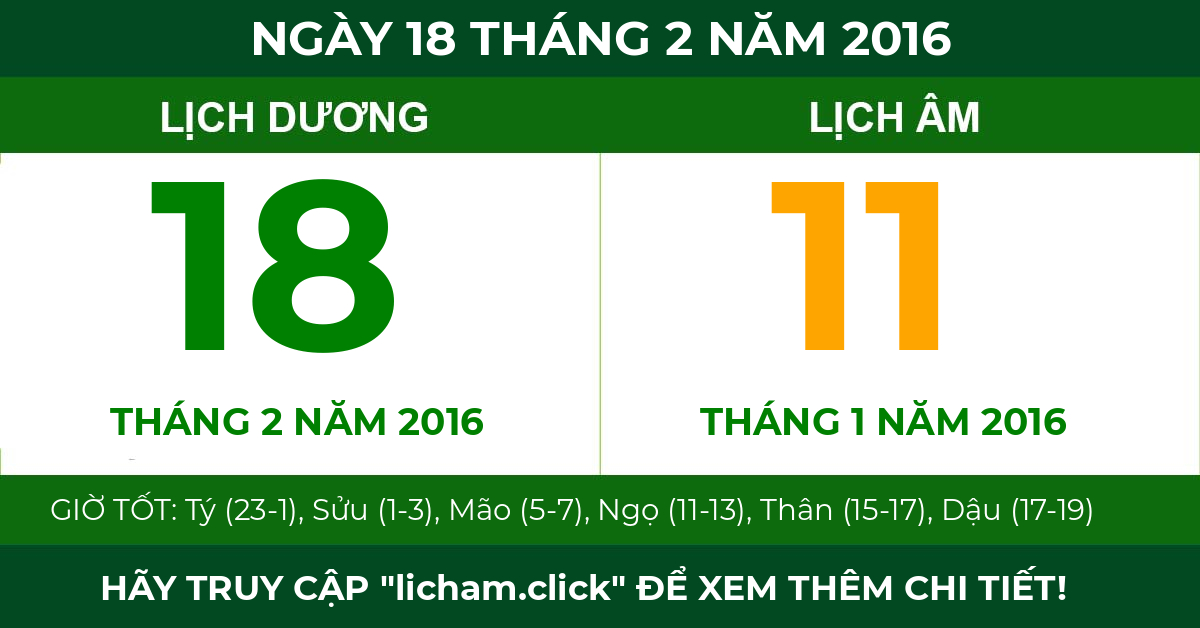 lịch âm ngày 18 tháng 2 năm 2016