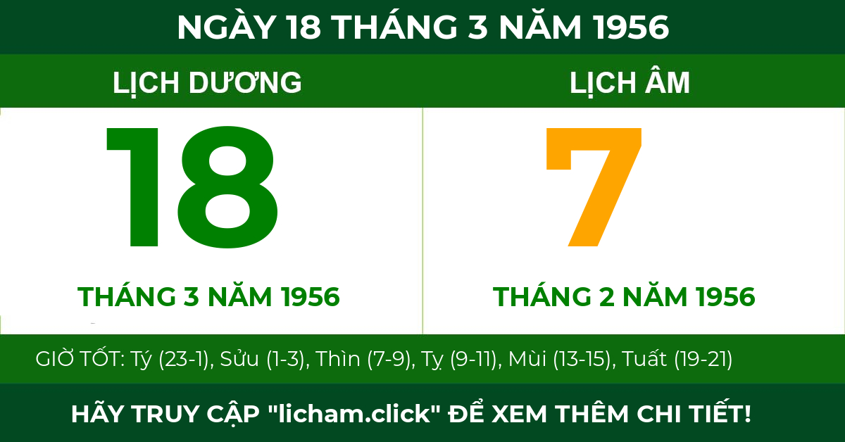 lịch âm ngày 18 tháng 3 năm 1956