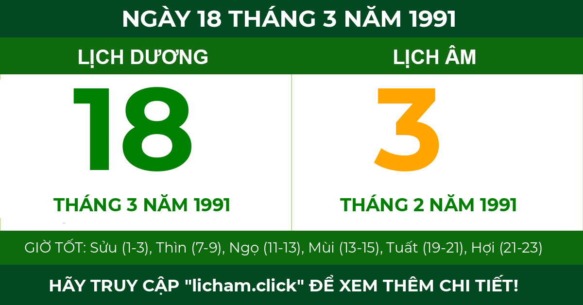 lịch âm ngày 18 tháng 3 năm 1991