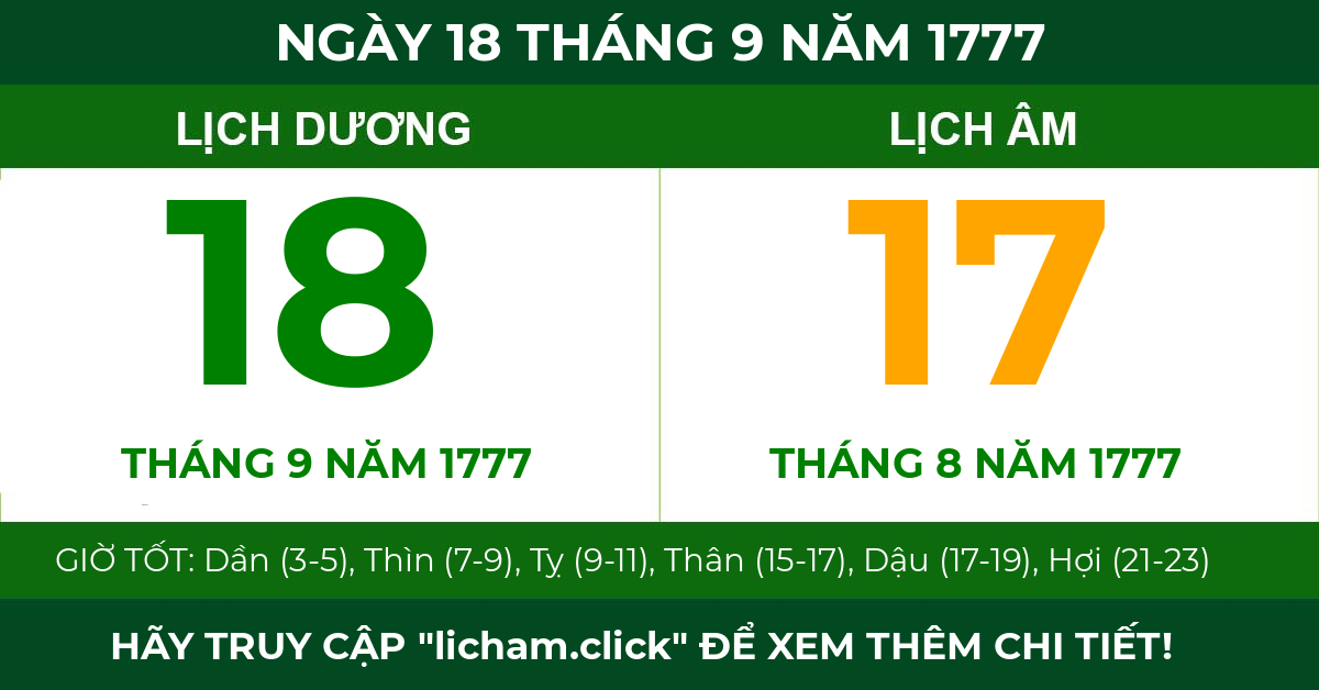 lịch âm ngày 18 tháng 9 năm 1777