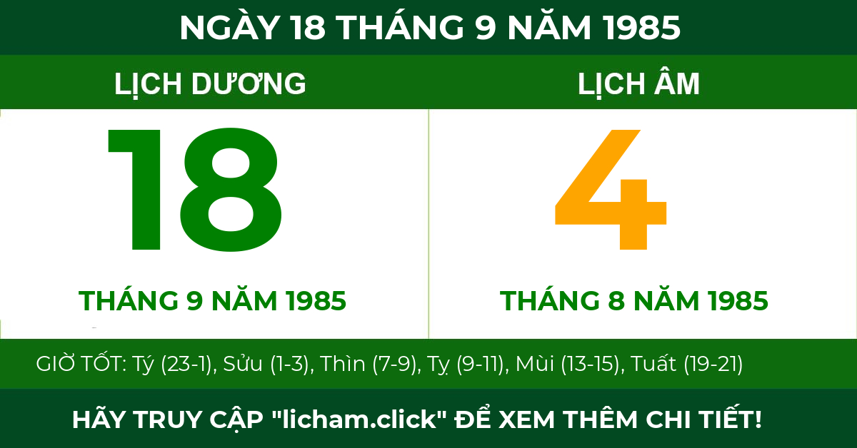lịch âm ngày 18 tháng 9 năm 1985