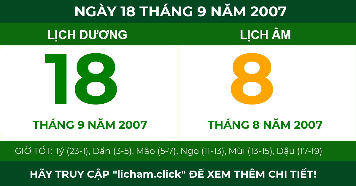 lịch âm ngày 18 tháng 9 năm 2007