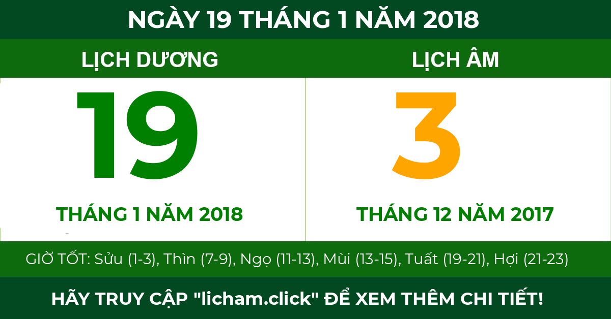 lịch âm ngày 19 tháng 1 năm 2018