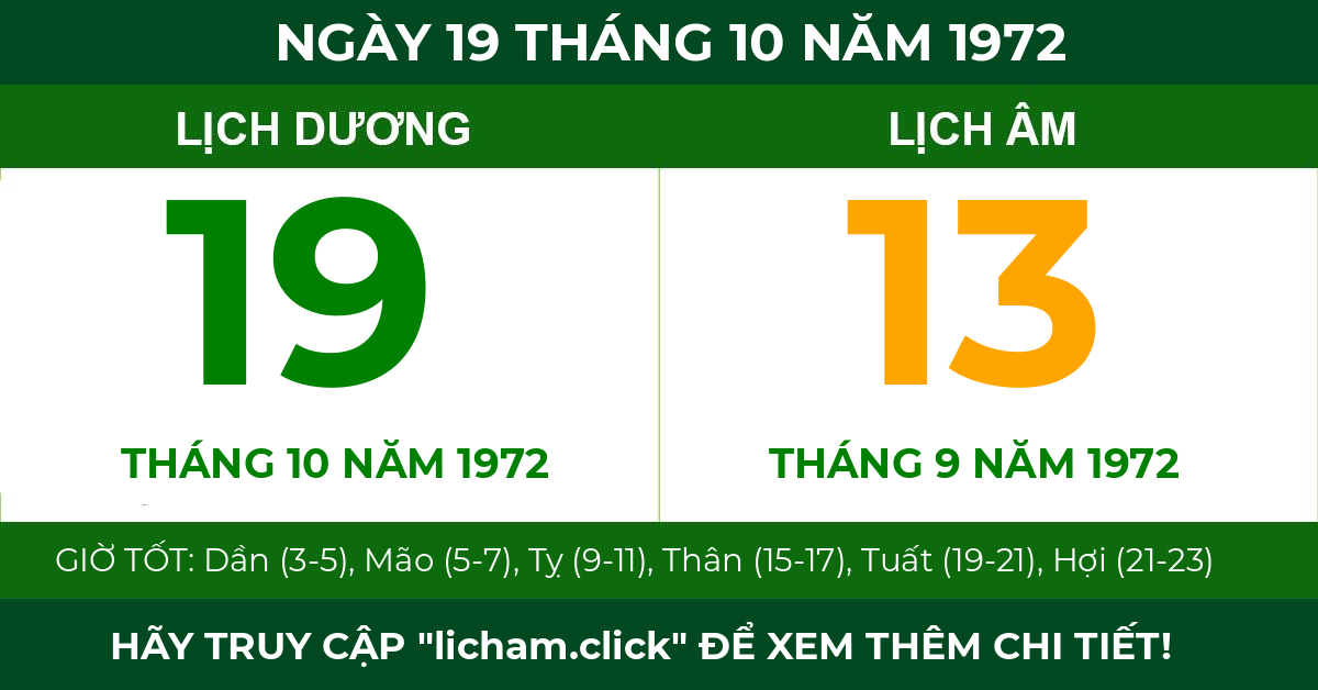 lịch âm ngày 19 tháng 10 năm 1972