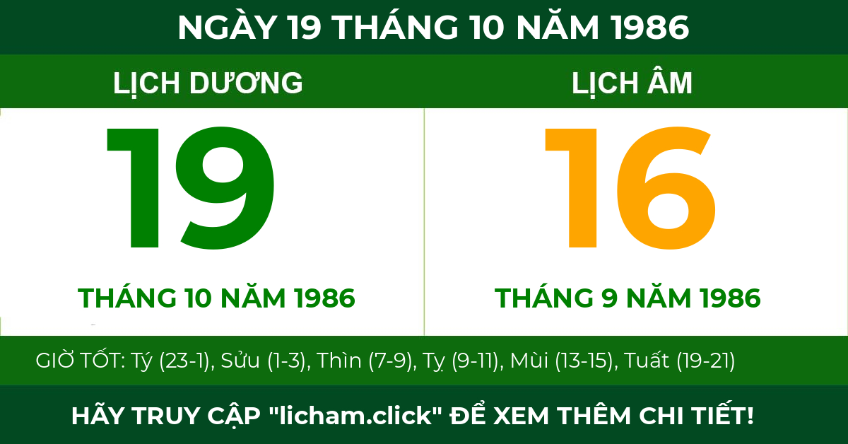 lịch âm ngày 19 tháng 10 năm 1986