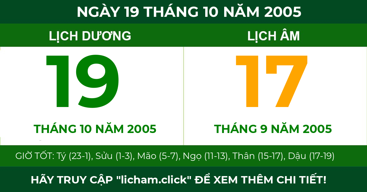lịch âm ngày 19 tháng 10 năm 2005