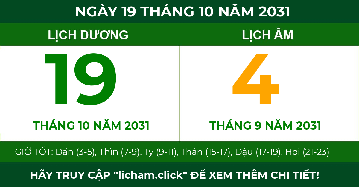 lịch âm ngày 19 tháng 10 năm 2031