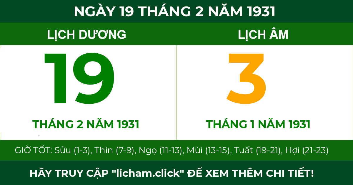 lịch âm ngày 19 tháng 2 năm 1931