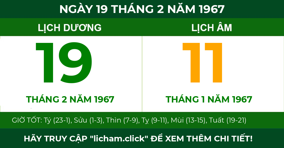 lịch âm ngày 19 tháng 2 năm 1967