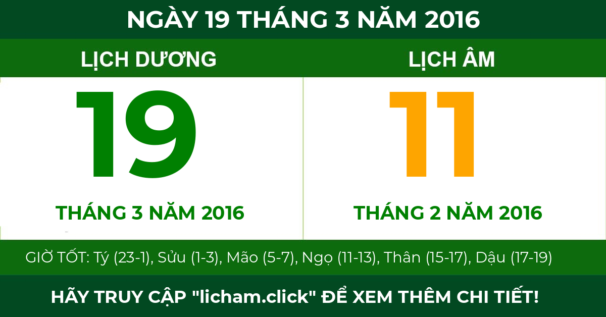 lịch âm ngày 19 tháng 3 năm 2016