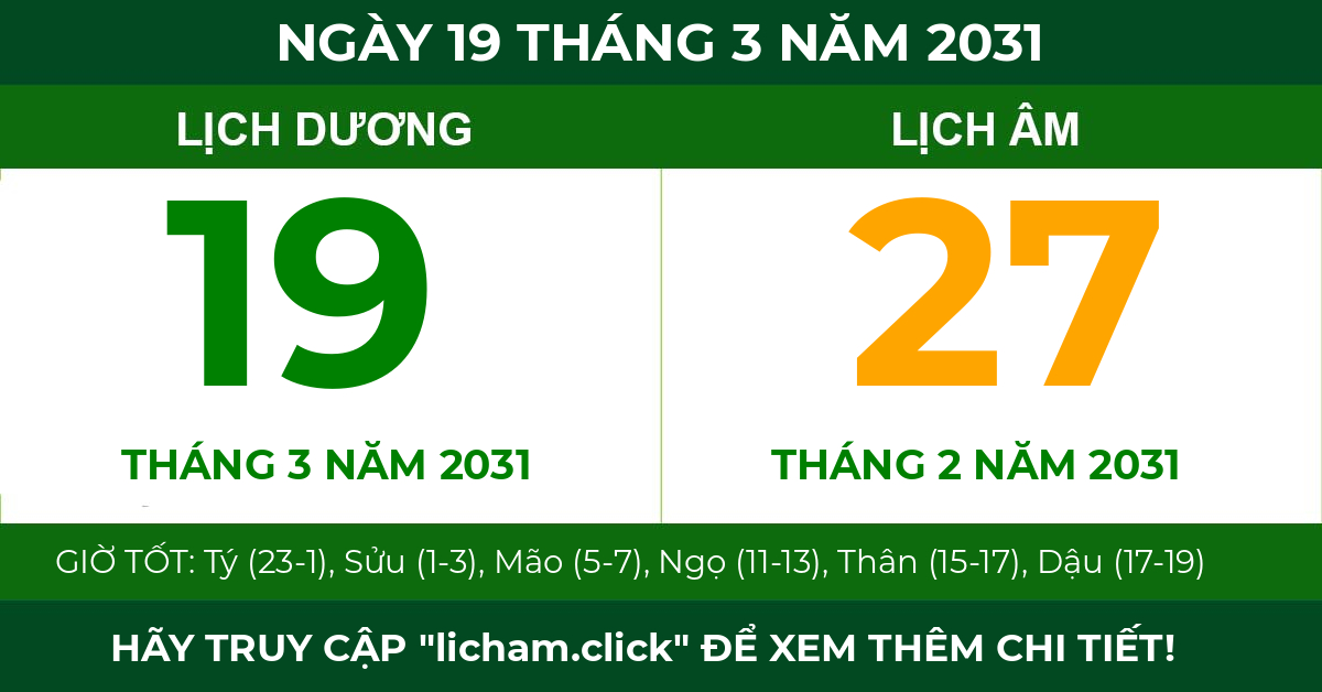 lịch âm ngày 19 tháng 3 năm 2031