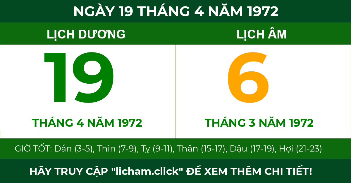 lịch âm ngày 19 tháng 4 năm 1972
