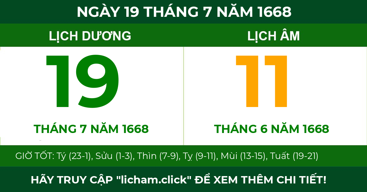 lịch âm ngày 19 tháng 7 năm 1668