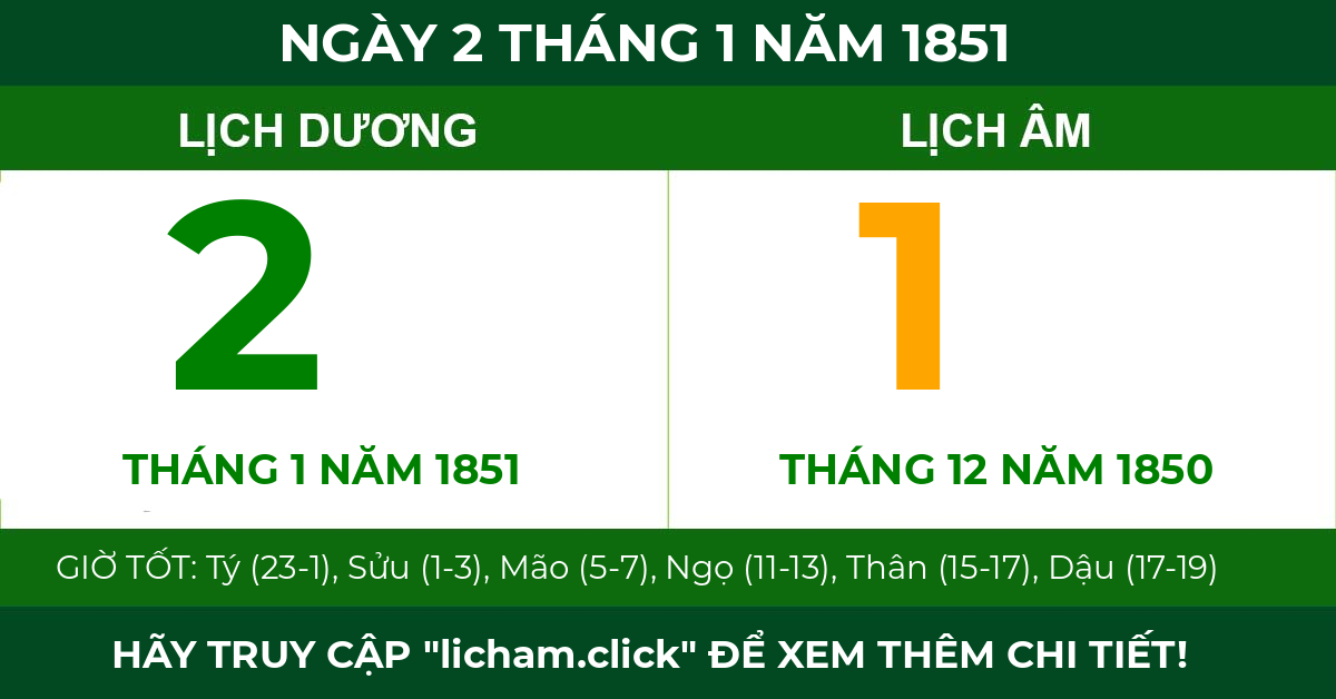 lịch âm ngày 2 tháng 1 năm 1851