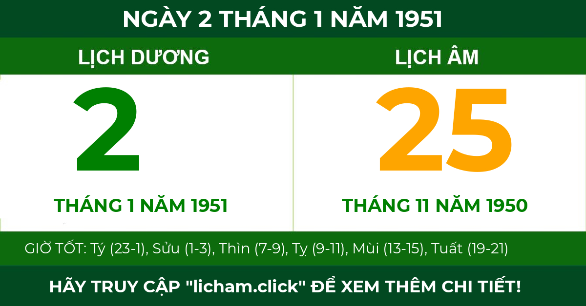 lịch âm ngày 2 tháng 1 năm 1951