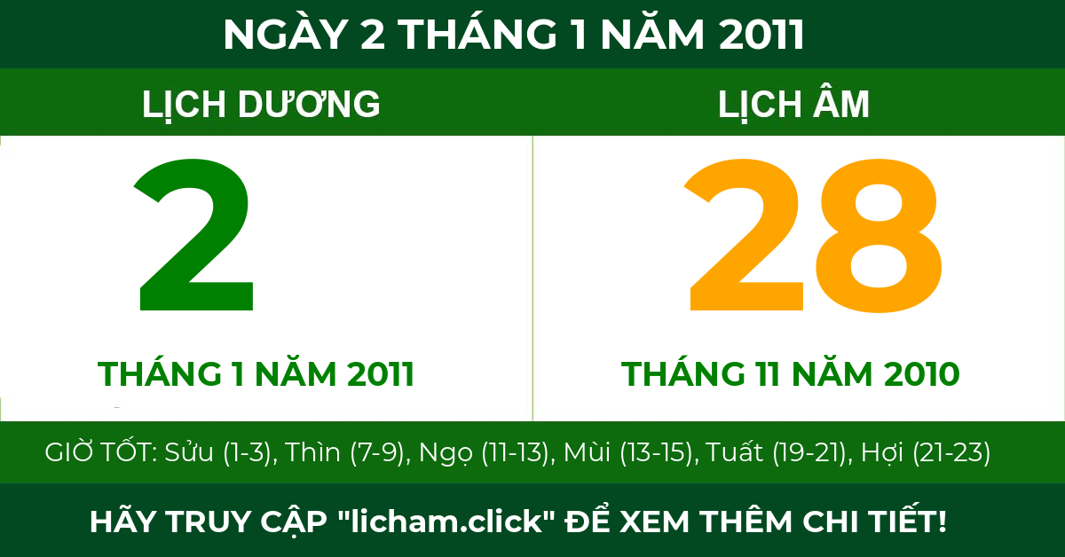 lịch âm ngày 2 tháng 1 năm 2011