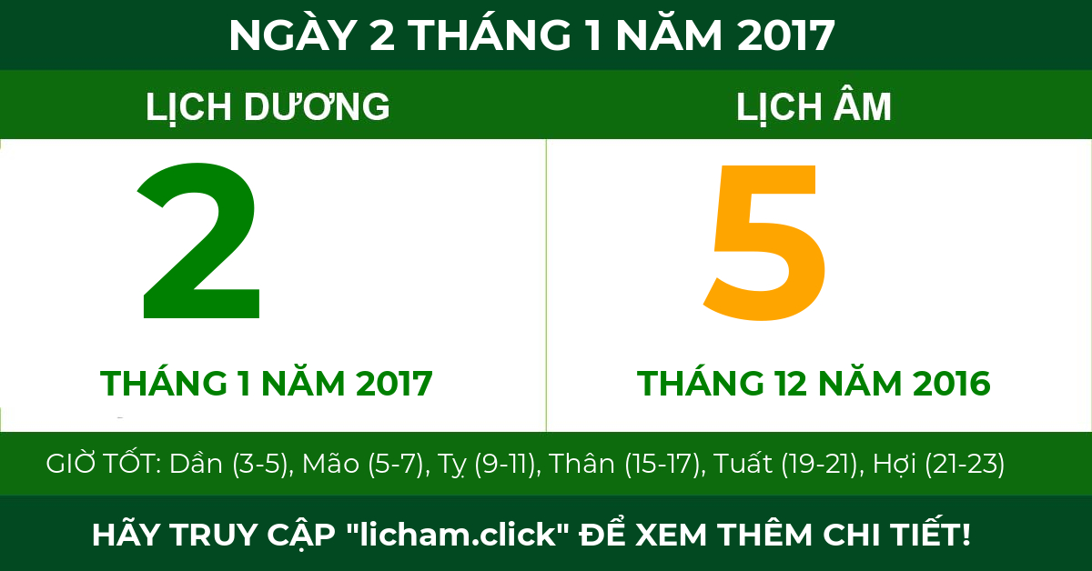 lịch âm ngày 2 tháng 1 năm 2017