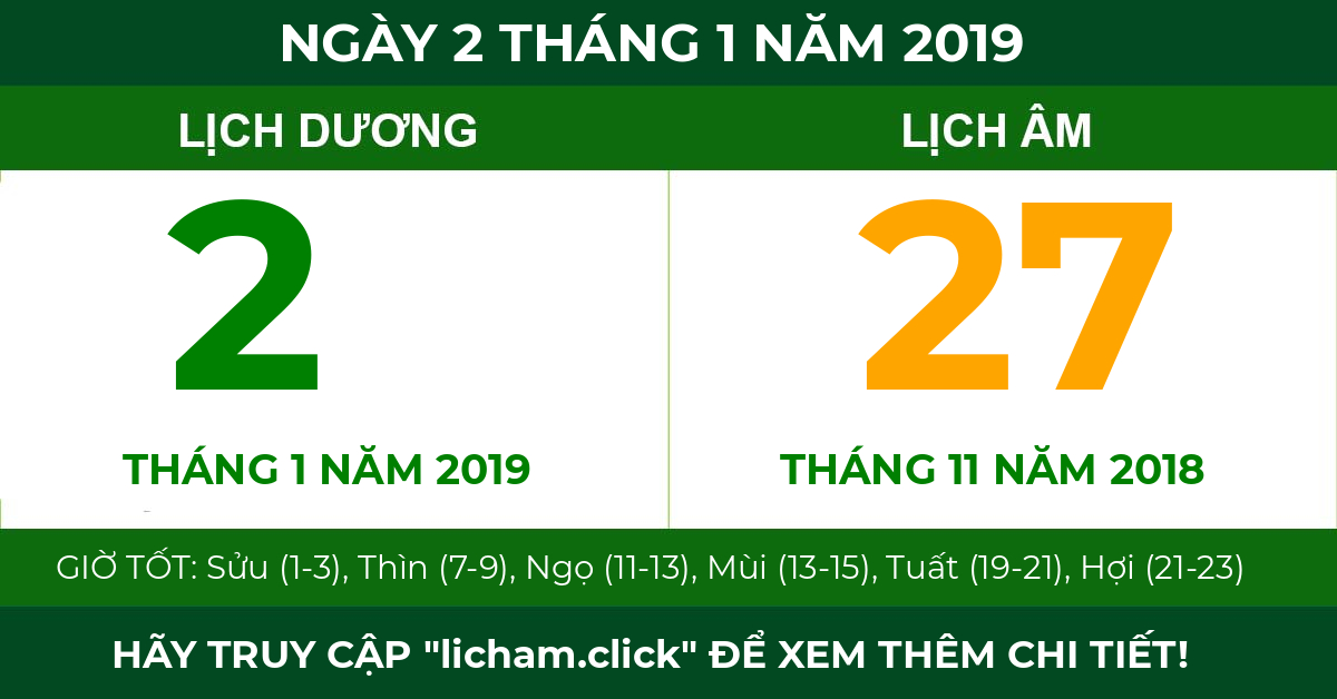 lịch âm ngày 2 tháng 1 năm 2019