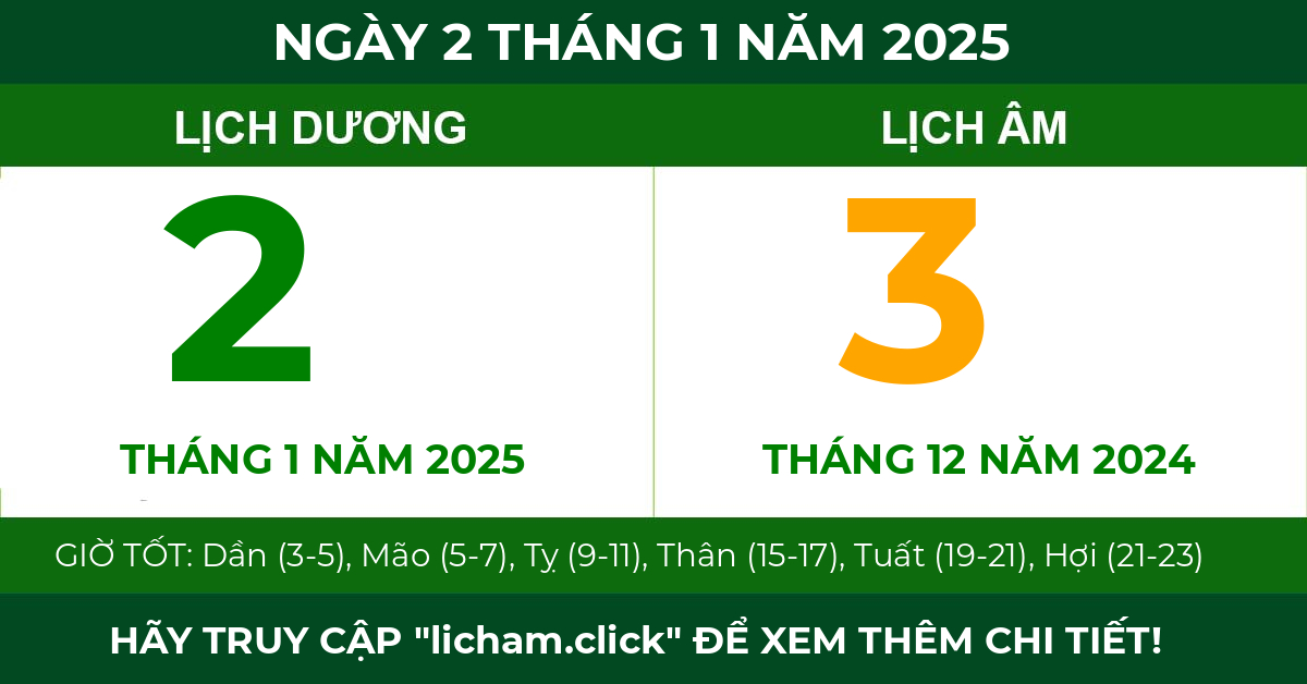 lịch âm ngày 2 tháng 1 năm 2025