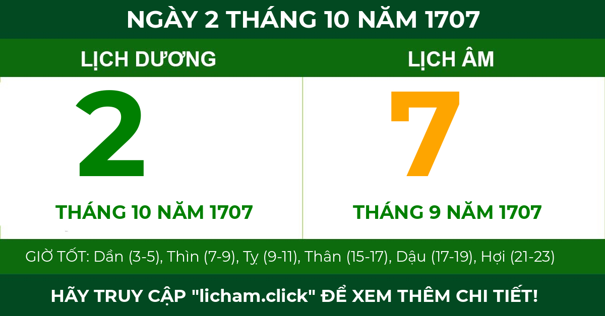 lịch âm ngày 2 tháng 10 năm 1707
