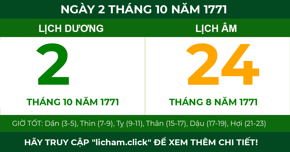 lịch âm ngày 2 tháng 10 năm 1771