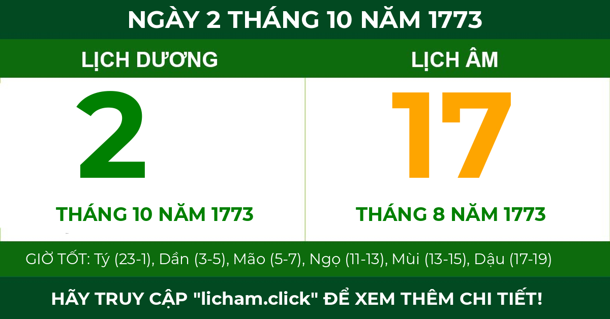 lịch âm ngày 2 tháng 10 năm 1773