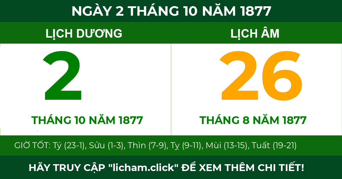 lịch âm ngày 2 tháng 10 năm 1877